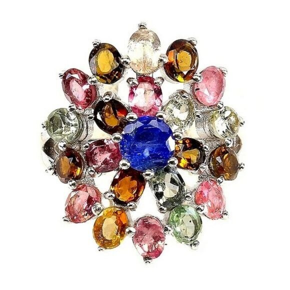 Round Blue Natural Tanzanite 5mm‎ & Tourmaline 925 Sterling Silver Ring Size 6 - Picture 1 of 3